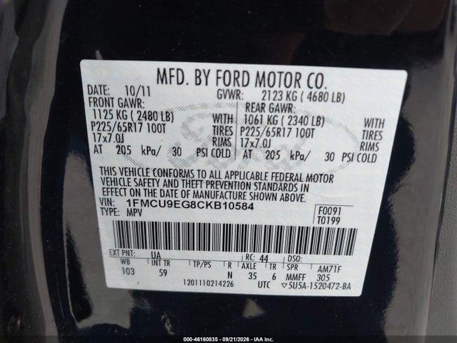 46160835 :رقم المزاد ، 1FMCU9EG8CKB10584 vin ، 2012 Ford Escape Limited مزاد بيع