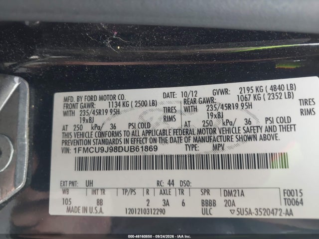 46160850 :رقم المزاد ، 1FMCU9J98DUB61869 vin ، 2013 Ford Escape Titanium مزاد بيع