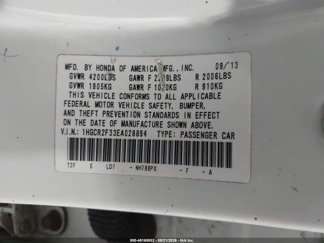 46160852 :رقم المزاد ، 1HGCR2F33EA028894 vin ، 2014 Honda Accord Lx مزاد بيع