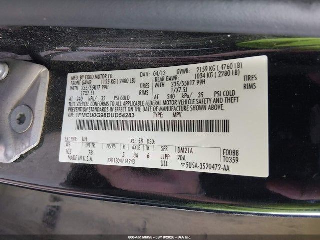 Продажа на аукционе авто 2013 Ford Escape Se, vin: 1FMCU0G98DUD54283, номер лота: 46160855