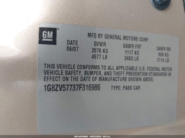 2007 Saturn Aura Xr მანქანა იყიდება აუქციონზე, vin: 1G8ZV57737F316986, აუქციონის ნომერი: 46160862
