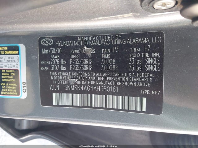 46160864 :رقم المزاد ، 5NMSK4AG4AH380161 vin ، 2010 Hyundai Santa Fe Limited V6 مزاد بيع