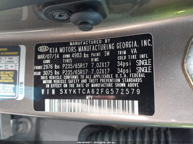 46160877 :رقم المزاد ، 5XYKTCA62FG572579 vin ، 2015 Kia Sorento Lx مزاد بيع