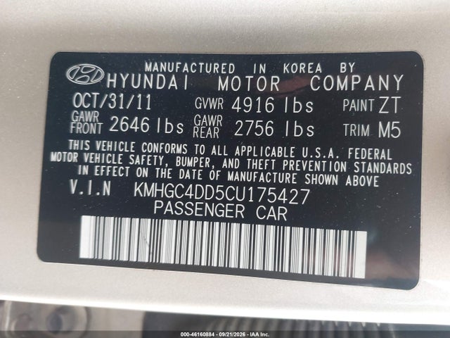 46160884 :رقم المزاد ، KMHGC4DD5CU175427 vin ، 2012 Hyundai Genesis 3.8 مزاد بيع
