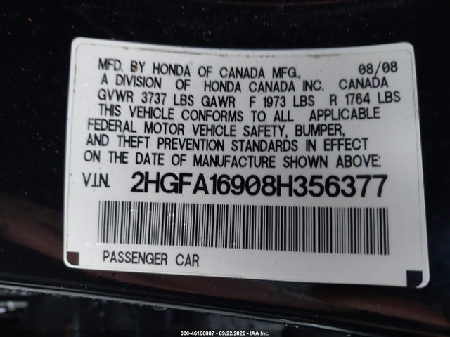 Aukcja sprzedaży 2008 Honda Civic Ex-l, vin: 2HGFA16908H356377, numer aukcji: 46160887