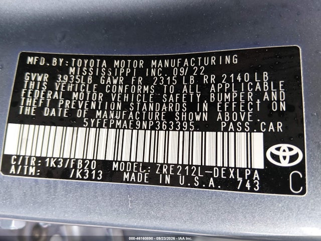 Продажа на аукционе авто 2022 Toyota Corolla Le, vin: 5YFEPMAE9NP363395, номер лота: 46160890
