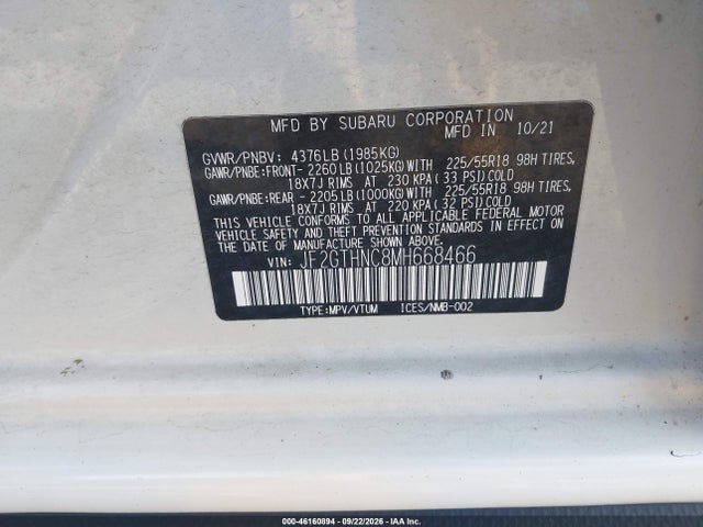 Aukcja sprzedaży 2021 Subaru Crosstrek Limited, vin: JF2GTHNC8MH668466, numer aukcji: 46160894