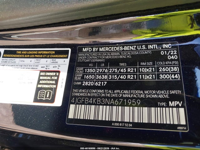 46160898 :رقم المزاد ، 4JGFB4KB3NA671959 vin ، 2022 Mercedes-benz Gle 350 4matic مزاد بيع