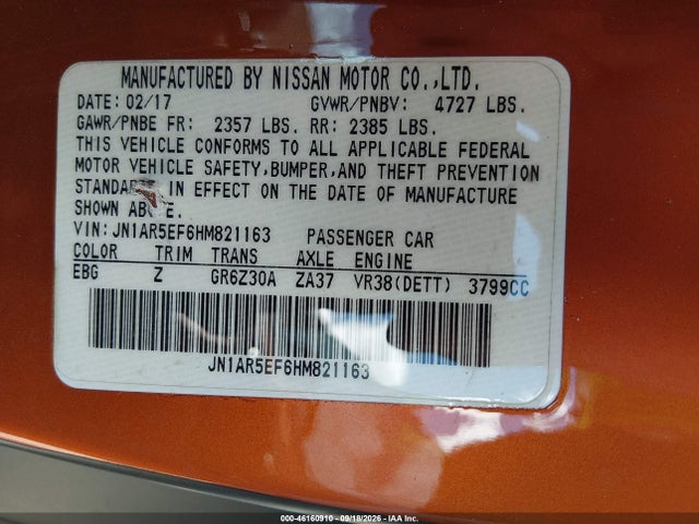 46160910 :رقم المزاد ، JN1AR5EF6HM821163 vin ، 2017 Nissan Gt-r Premium مزاد بيع