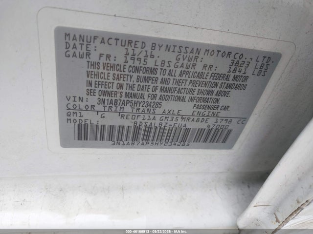 Продаж на аукціоні авто 2017 Nissan Sentra S, vin: 3N1AB7AP5HY234285, номер лоту: 46160913