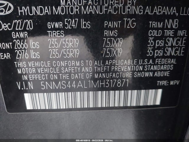 46160918 :رقم المزاد ، 5NMS44AL1MH317871 vin ، 2021 Hyundai Santa Fe Limited مزاد بيع