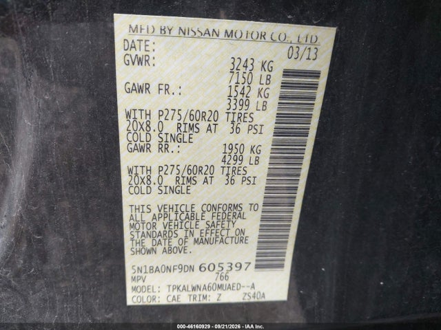 2013 Nissan Armada Platinum მანქანა იყიდება აუქციონზე, vin: 5N1BA0NF9DN605397, აუქციონის ნომერი: 46160929