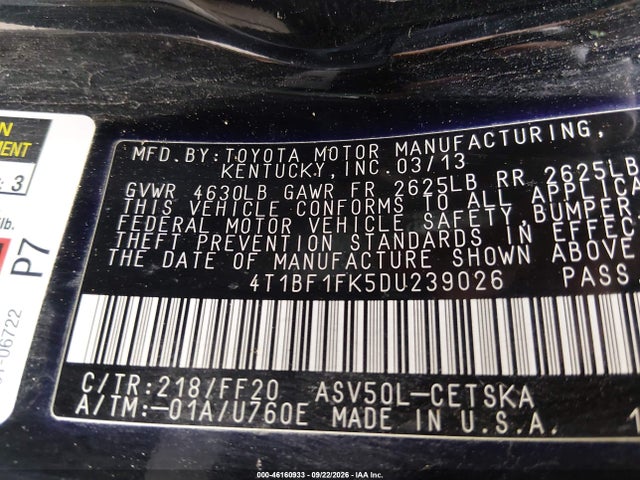 46160933 :رقم المزاد ، 4T1BF1FK5DU239026 vin ، 2013 Toyota Camry Se مزاد بيع