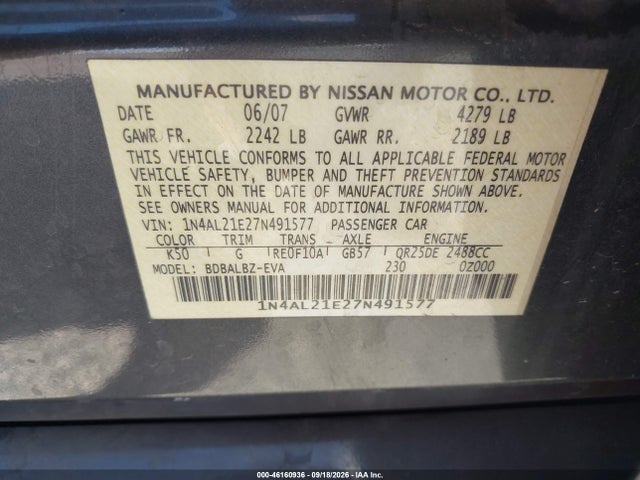 2007 Nissan Altima 2.5 S მანქანა იყიდება აუქციონზე, vin: 1N4AL21E27N491577, აუქციონის ნომერი: 46160936