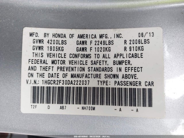 2013 Honda Accord Lx მანქანა იყიდება აუქციონზე, vin: 1HGCR2F30DA222037, აუქციონის ნომერი: 46160940
