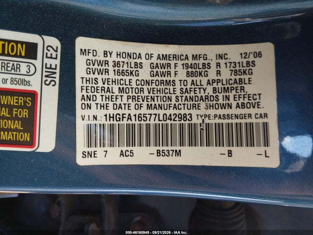 46160949 :رقم المزاد ، 1HGFA16577L042983 vin ، 2007 Honda Civic Lx مزاد بيع