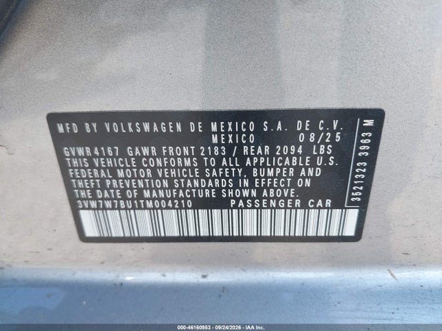 46160953 :رقم المزاد ، 3VW7W7BU1TM004210 vin ، 2026 Volkswagen Jetta Se مزاد بيع