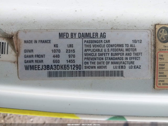 Продажа на аукционе авто 2013 Smart Fortwo Passion/pure, vin: WMEEJ3BA3DK651290, номер лота: 46160957