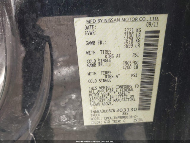 46160958 :رقم المزاد ، 1N6BA0ED6CN303130 vin ، 2012 Nissan Titan Sv مزاد بيع