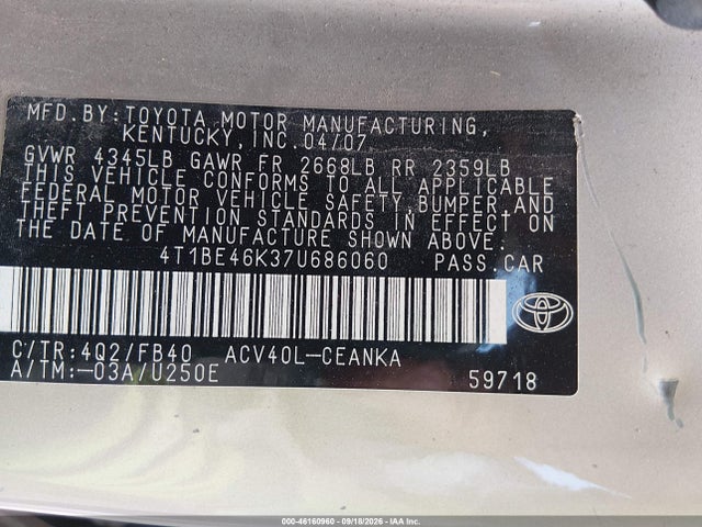 46160960 :رقم المزاد ، 4T1BE46K37U686060 vin ، 2007 Toyota Camry Ce مزاد بيع