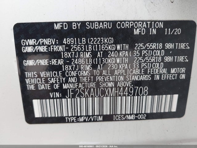 2021 Subaru Forester Limited მანქანა იყიდება აუქციონზე, vin: JF2SKAUCXMH449708, აუქციონის ნომერი: 46160981