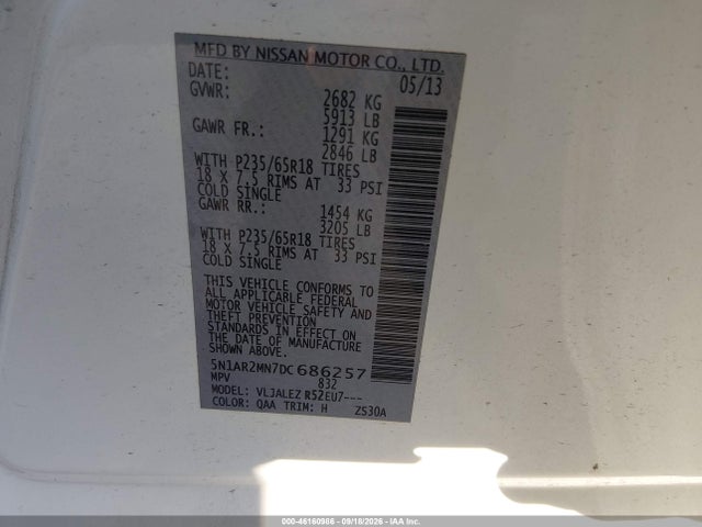46160986 :رقم المزاد ، 5N1AR2MN7DC686257 vin ، 2013 Nissan Pathfinder Sv مزاد بيع