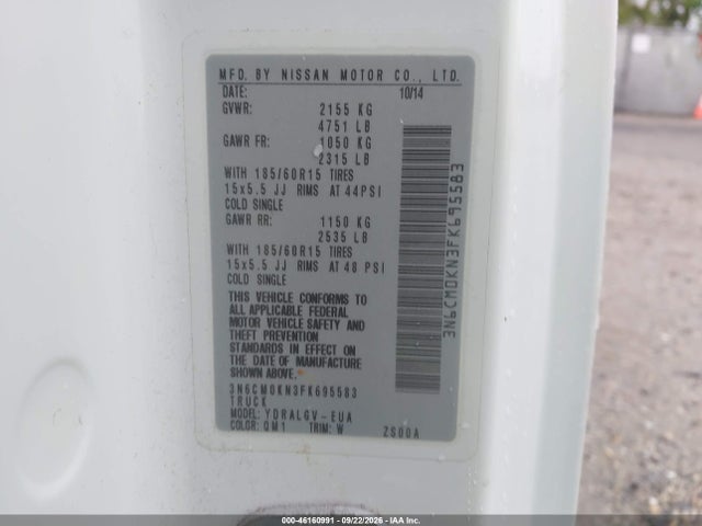 46160991 :رقم المزاد ، 3N6CM0KN3FK695583 vin ، 2015 Nissan Nv200 Sv مزاد بيع
