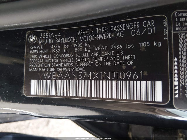 46160994 :رقم المزاد ، WBAAN374X1NJ10961 vin ، 2001 Bmw 325i مزاد بيع