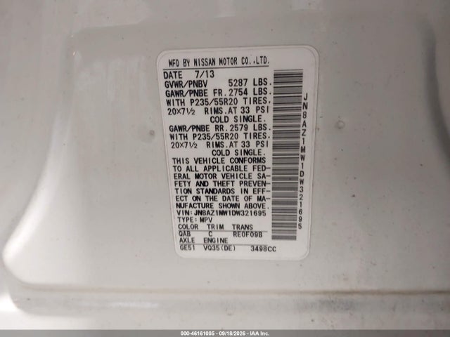 Aukcja sprzedaży 2013 Nissan Murano Le, vin: JN8AZ1MW1DW321695, numer aukcji: 46161005