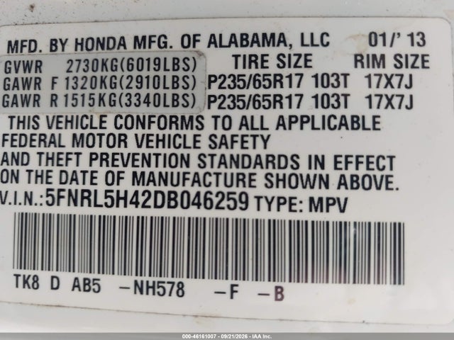2013 Honda Odyssey Ex მანქანა იყიდება აუქციონზე, vin: 5FNRL5H42DB046259, აუქციონის ნომერი: 46161007