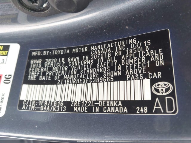 2015 Toyota Corolla Le მანქანა იყიდება აუქციონზე, vin: 2T1BURHEXFC389665, აუქციონის ნომერი: 46161019