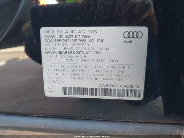 46161022 :رقم المزاد ، WA1C2AFP5HA075200 vin ، 2017 Audi Q5 2.0t Premium مزاد بيع