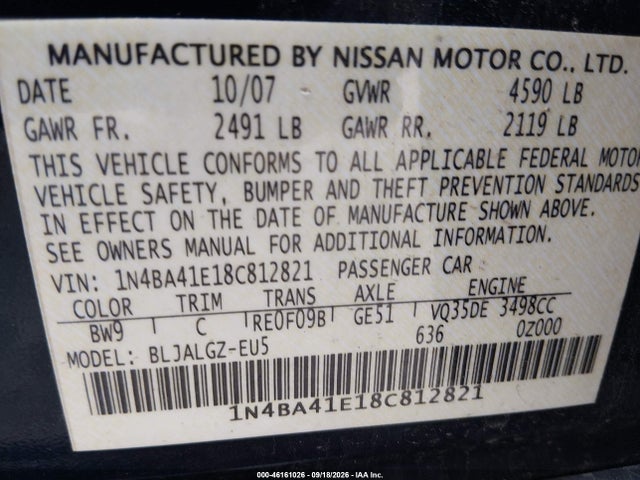 Aukcja sprzedaży 2008 Nissan Maxima 3.5 Sl, vin: 1N4BA41E18C812821, numer aukcji: 46161026