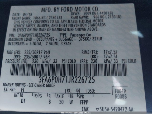 46161027 :رقم المزاد ، 3FA6P0H71JR226725 vin ، 2018 Ford Fusion Se مزاد بيع
