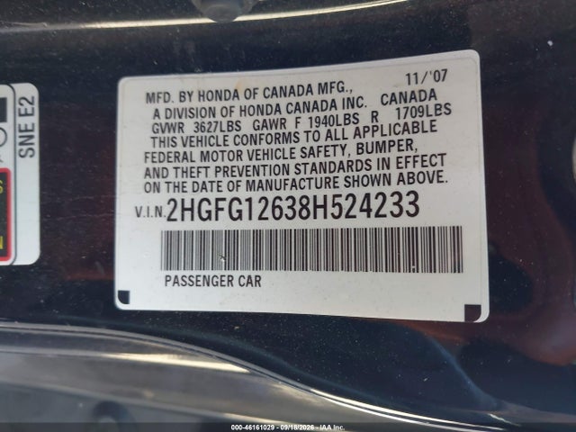 2008 Honda Civic Lx მანქანა იყიდება აუქციონზე, vin: 2HGFG12638H524233, აუქციონის ნომერი: 46161029