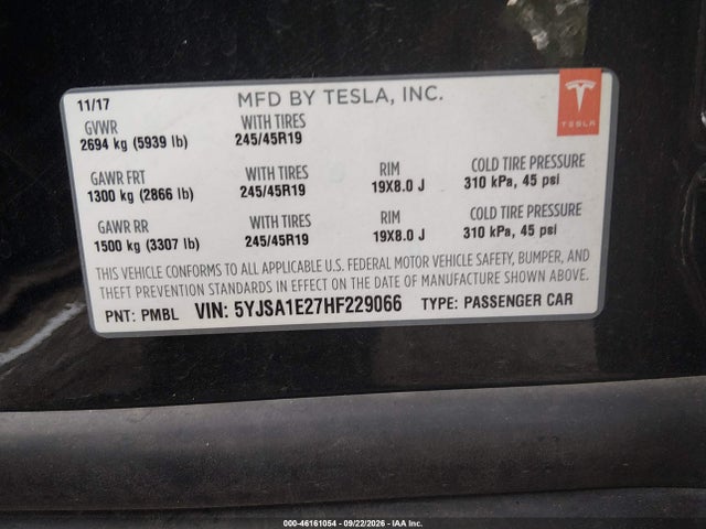 Продажа на аукционе авто 2017 Tesla Model S 100d/60d/75d/90d/p100d, vin: 5YJSA1E27HF229066, номер лота: 46161054