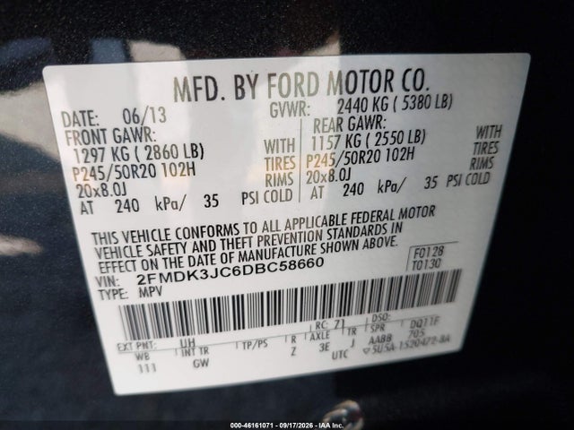 46161071 :رقم المزاد ، 2FMDK3JC6DBC58660 vin ، 2013 Ford Edge Sel مزاد بيع