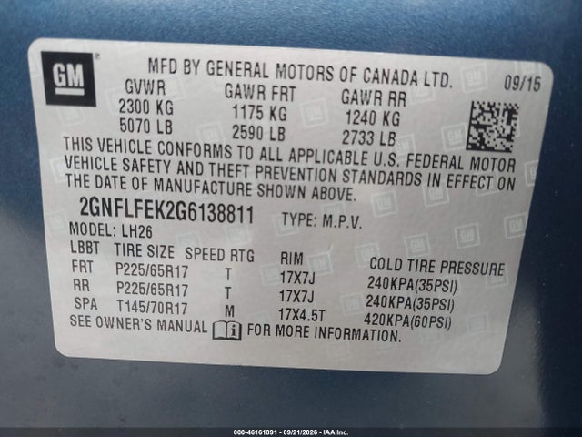 46161091 :رقم المزاد ، 2GNFLFEK2G6138811 vin ، 2016 Chevrolet Equinox Lt مزاد بيع