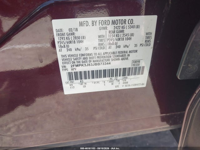 46161103 :رقم المزاد ، 2FMPK3J83JBB73344 vin ، 2018 Ford Edge Sel مزاد بيع