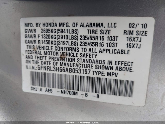 Aukcja sprzedaży 2010 Honda Odyssey Ex-l, vin: 5FNRL3H66AB053197, numer aukcji: 46161115