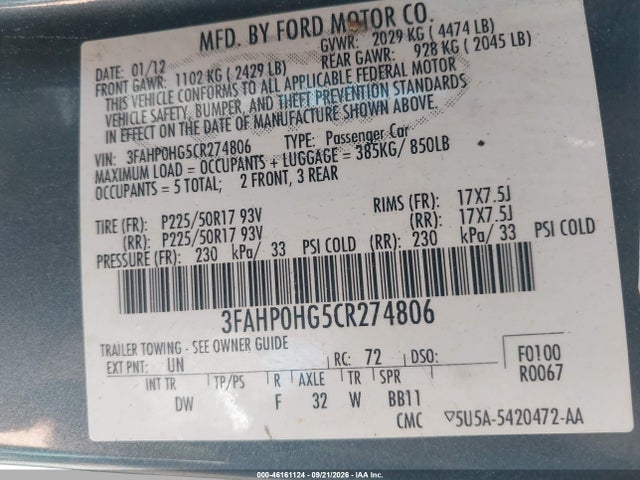 Aukcja sprzedaży 2012 Ford Fusion Se, vin: 3FAHP0HG5CR274806, numer aukcji: 46161124