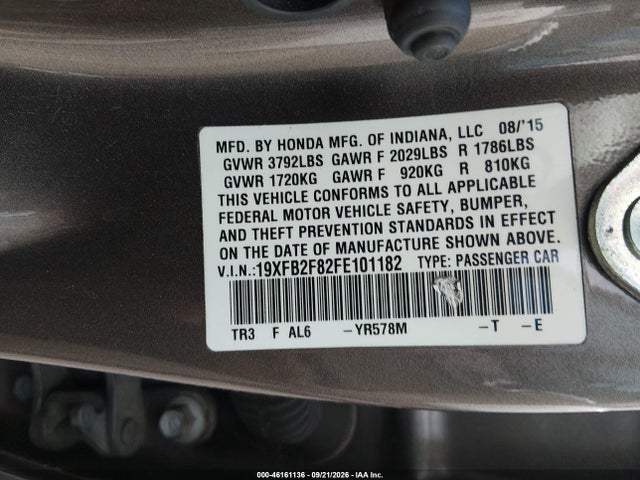 Продажа на аукционе авто 2015 Honda Civic Ex, vin: 19XFB2F82FE101182, номер лота: 46161136