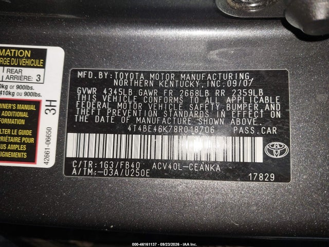 2008 Toyota Camry Le მანქანა იყიდება აუქციონზე, vin: 4T4BE46K78R018706, აუქციონის ნომერი: 46161137
