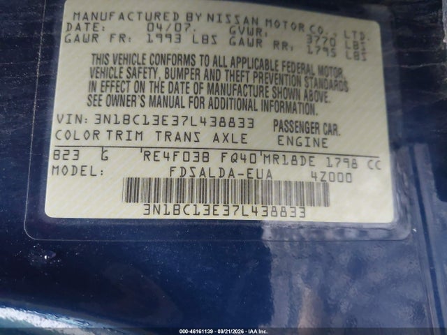 2007 Nissan Versa 1.8s მანქანა იყიდება აუქციონზე, vin: 3N1BC13E37L438833, აუქციონის ნომერი: 46161139