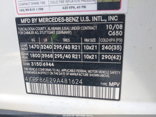 Aukcja sprzedaży 2009 Mercedes-benz Gl 550 4matic, vin: 4JGBF86E29A481624, numer aukcji: 46161153
