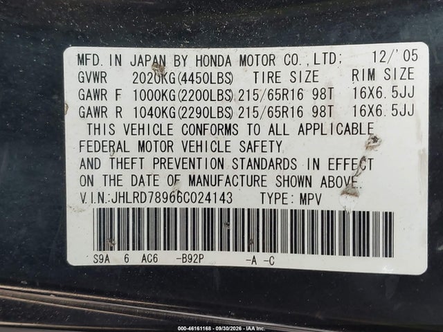 Aukcja sprzedaży 2006 Honda Cr-v Se, vin: JHLRD78966C024143, numer aukcji: 46161168