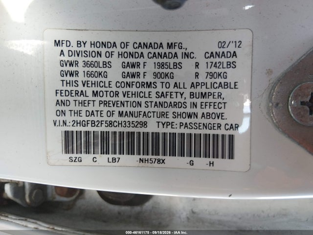 46161175 :رقم المزاد ، 2HGFB2F58CH335298 vin ، 2012 Honda Civic Lx مزاد بيع