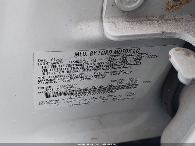 46161184 :رقم المزاد ، 1FAHP24177G152085 vin ، 2007 Ford Five Hundred Sel مزاد بيع
