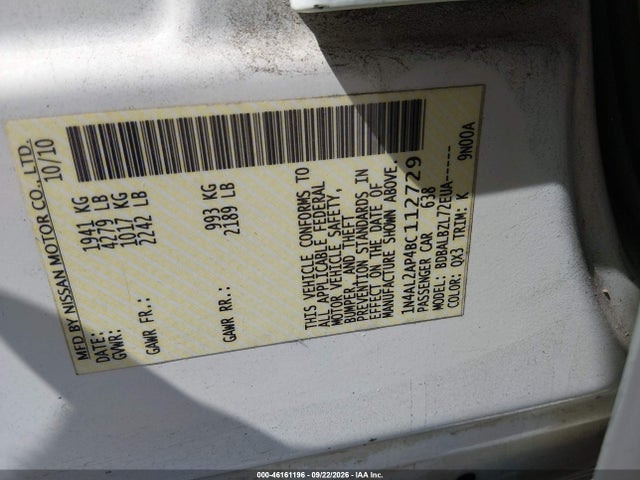46161196 :رقم المزاد ، 1N4AL2AP4BC112729 vin ، 2011 Nissan Altima 2.5 S مزاد بيع