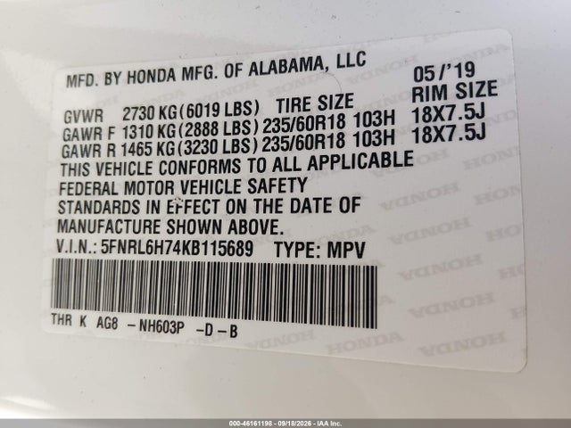 2019 Honda Odyssey Ex-l მანქანა იყიდება აუქციონზე, vin: 5FNRL6H74KB115689, აუქციონის ნომერი: 46161198